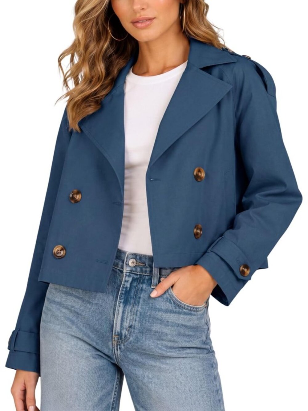 Steve Madden Women's Blue Oversized Cropped Double Breasted Trench Lapel Jacket